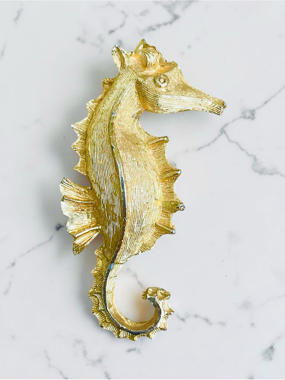 Vintage Brushed Gold Seahorse Brooch - Figural Pin